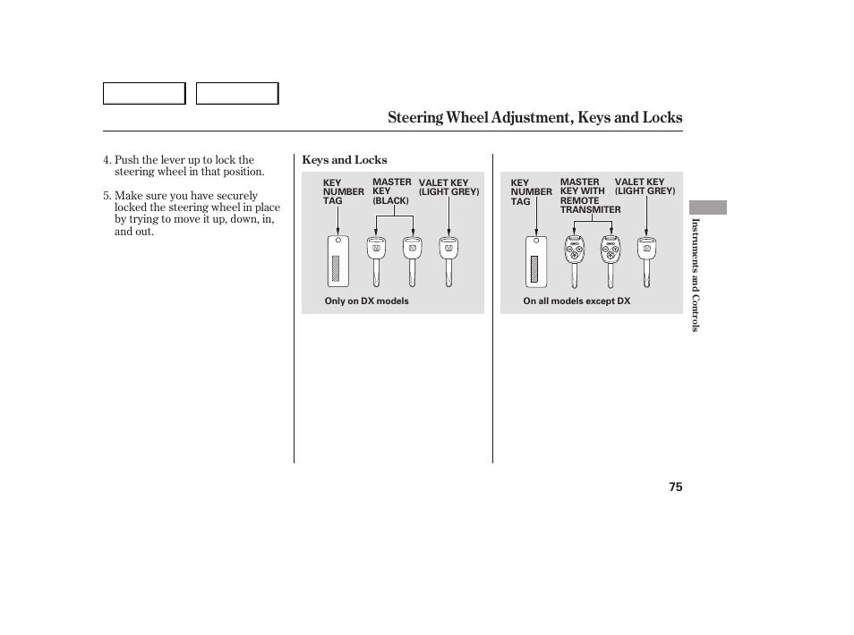 Steering wheel adjustment, keys and locks | HONDA 2005 Accord Sedan - Owner's Manual User Manual | Page 76 / 302