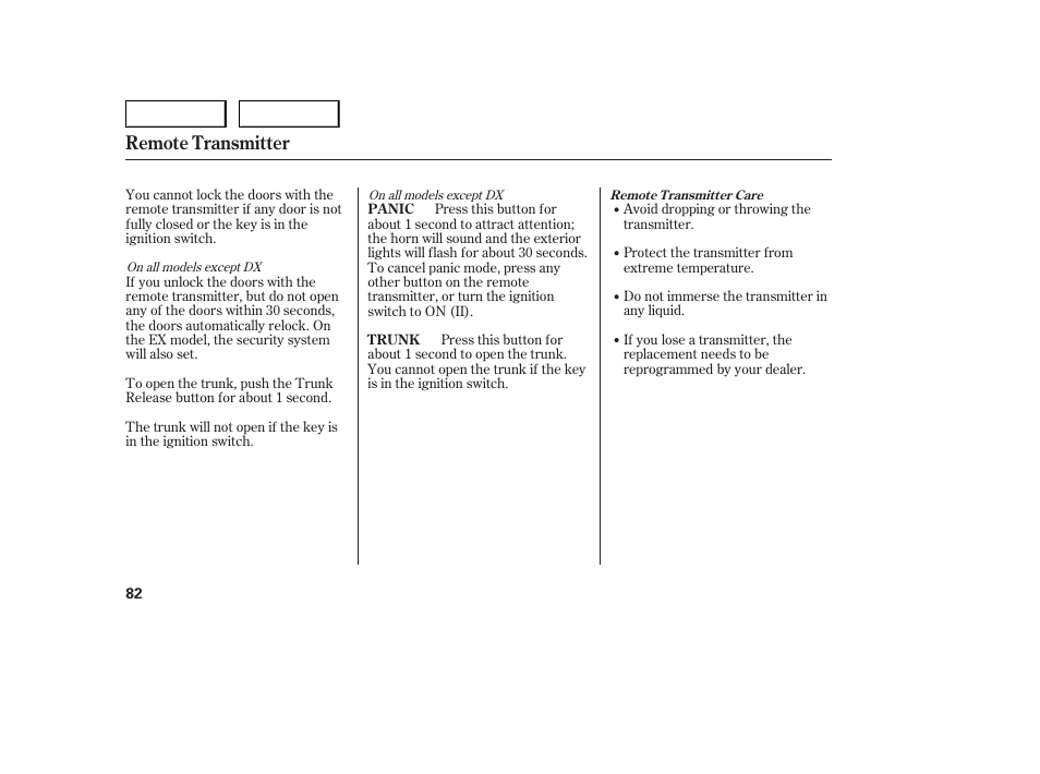 Remote transmitter | HONDA 2005 Accord Sedan - Owner's Manual User Manual | Page 83 / 302