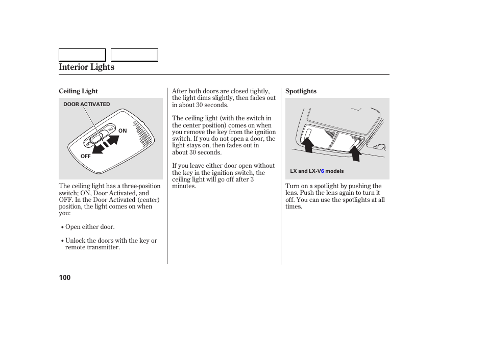 Interior lights | HONDA 2005 Accord Coupe - Owner's Manual User Manual | Page 102 / 303
