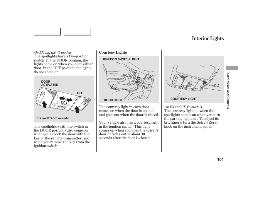 Interior lights | HONDA 2005 Accord Coupe - Owner's Manual User Manual | Page 103 / 303