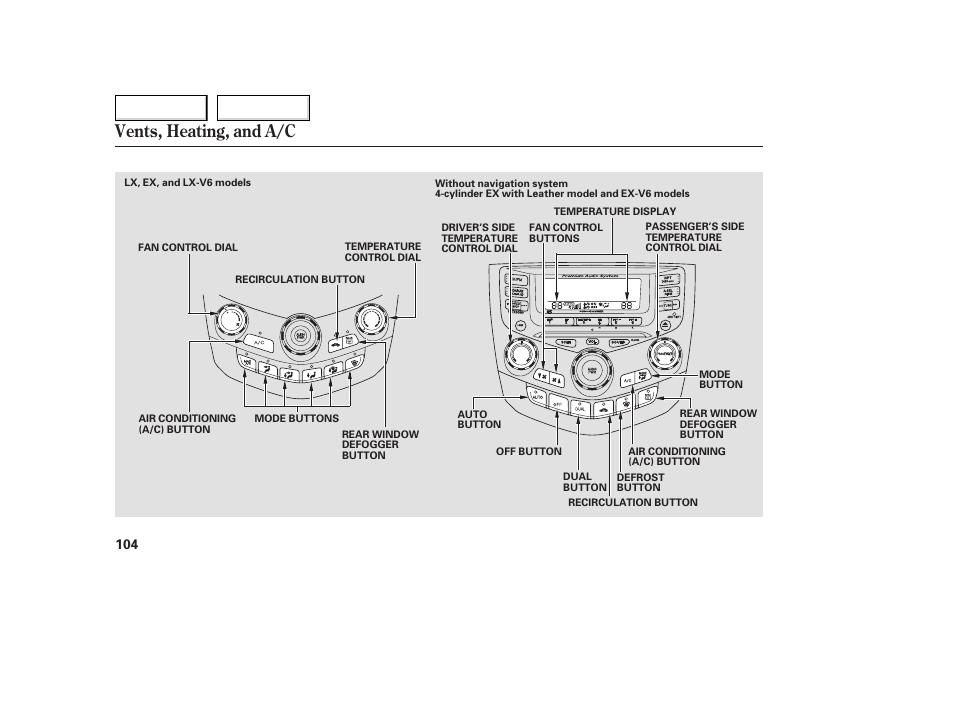 Vents, heating, and a/c | HONDA 2005 Accord Coupe - Owner's Manual User Manual | Page 106 / 303