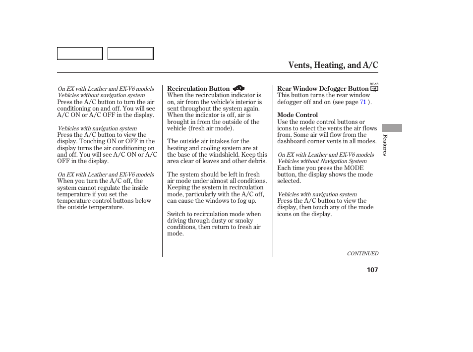Vents, heating, and a/c | HONDA 2005 Accord Coupe - Owner's Manual User Manual | Page 109 / 303