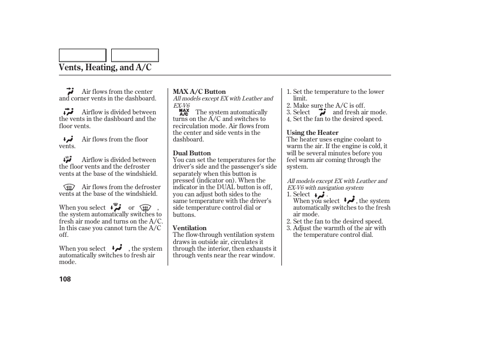 Vents, heating, and a/c | HONDA 2005 Accord Coupe - Owner's Manual User Manual | Page 110 / 303