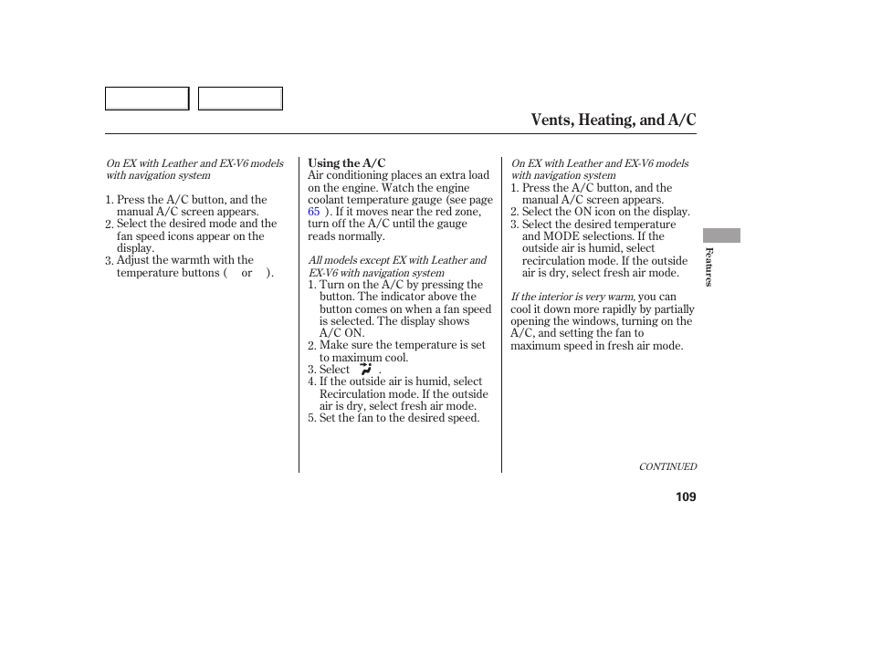 Vents, heating, and a/c | HONDA 2005 Accord Coupe - Owner's Manual User Manual | Page 111 / 303