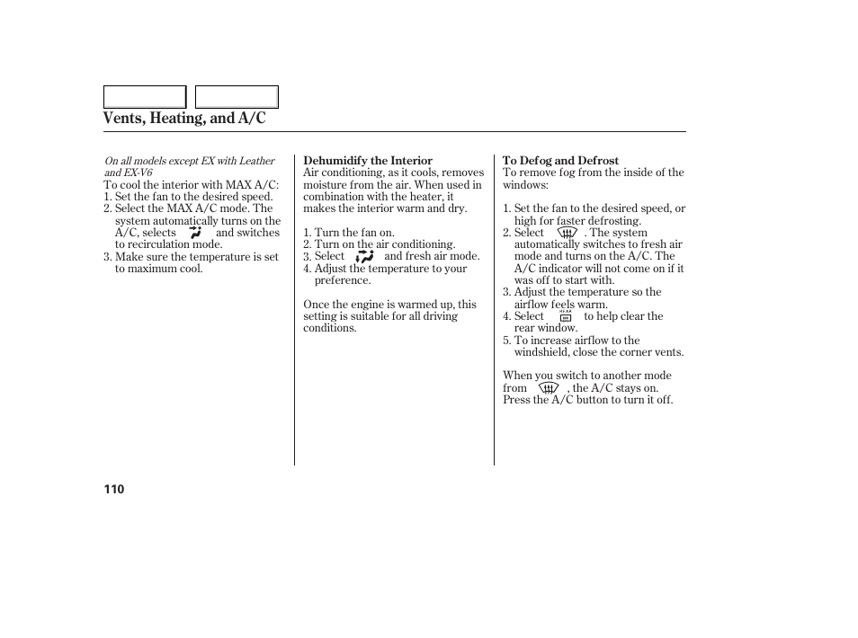 Vents, heating, and a/c | HONDA 2005 Accord Coupe - Owner's Manual User Manual | Page 112 / 303