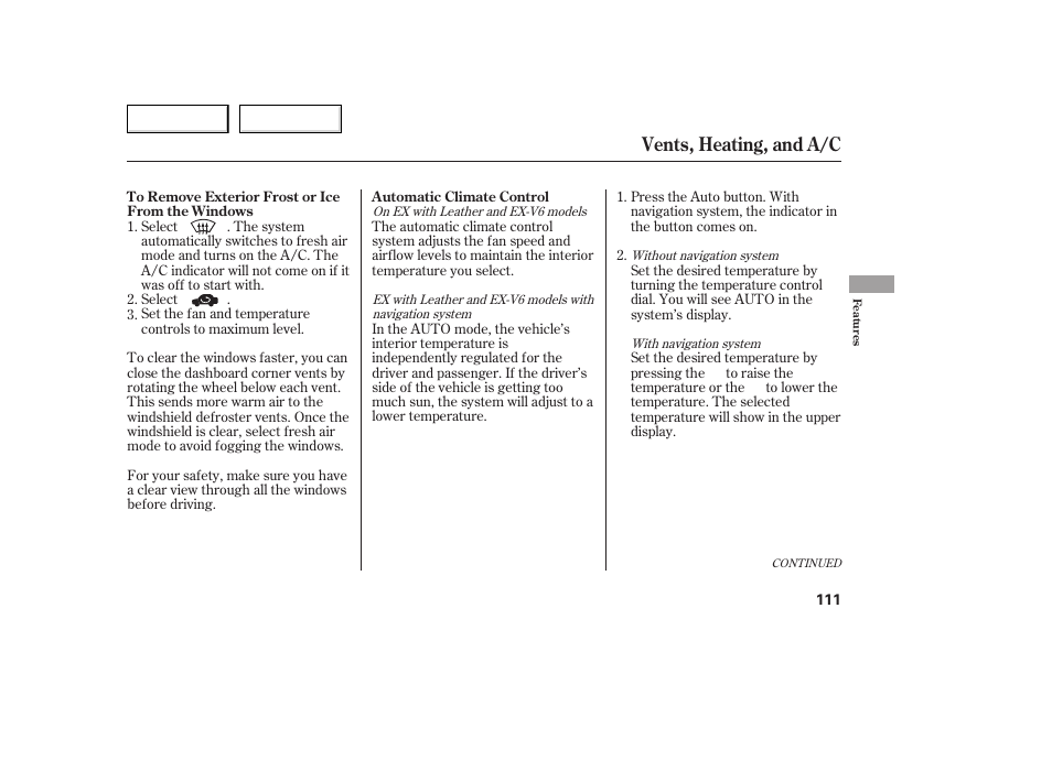 Vents, heating, and a/c | HONDA 2005 Accord Coupe - Owner's Manual User Manual | Page 113 / 303