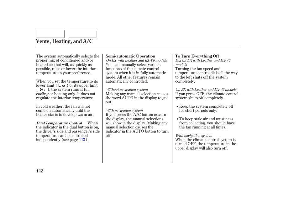 Vents, heating, and a/c | HONDA 2005 Accord Coupe - Owner's Manual User Manual | Page 114 / 303