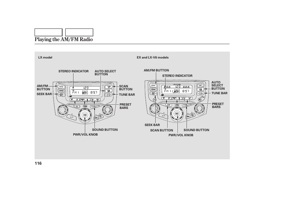 Playing the am/fm radio | HONDA 2005 Accord Coupe - Owner's Manual User Manual | Page 118 / 303