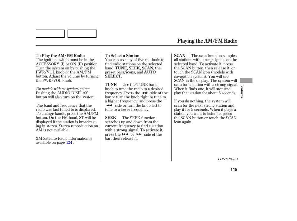 Playing the am/fm radio | HONDA 2005 Accord Coupe - Owner's Manual User Manual | Page 121 / 303