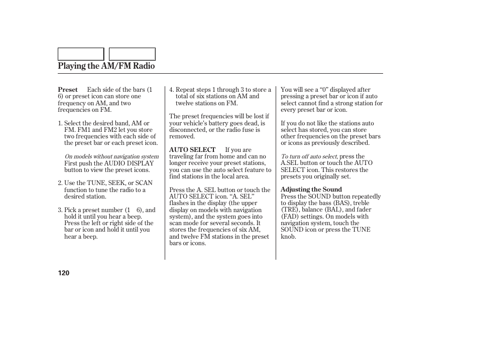 Playing the am/fm radio | HONDA 2005 Accord Coupe - Owner's Manual User Manual | Page 122 / 303