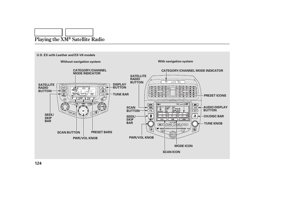 Playing the xm satellite radio | HONDA 2005 Accord Coupe - Owner's Manual User Manual | Page 126 / 303