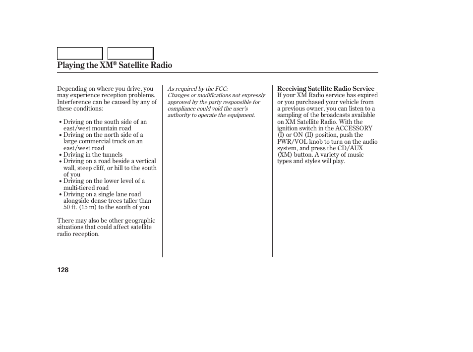 Playing the xm satellite radio | HONDA 2005 Accord Coupe - Owner's Manual User Manual | Page 130 / 303