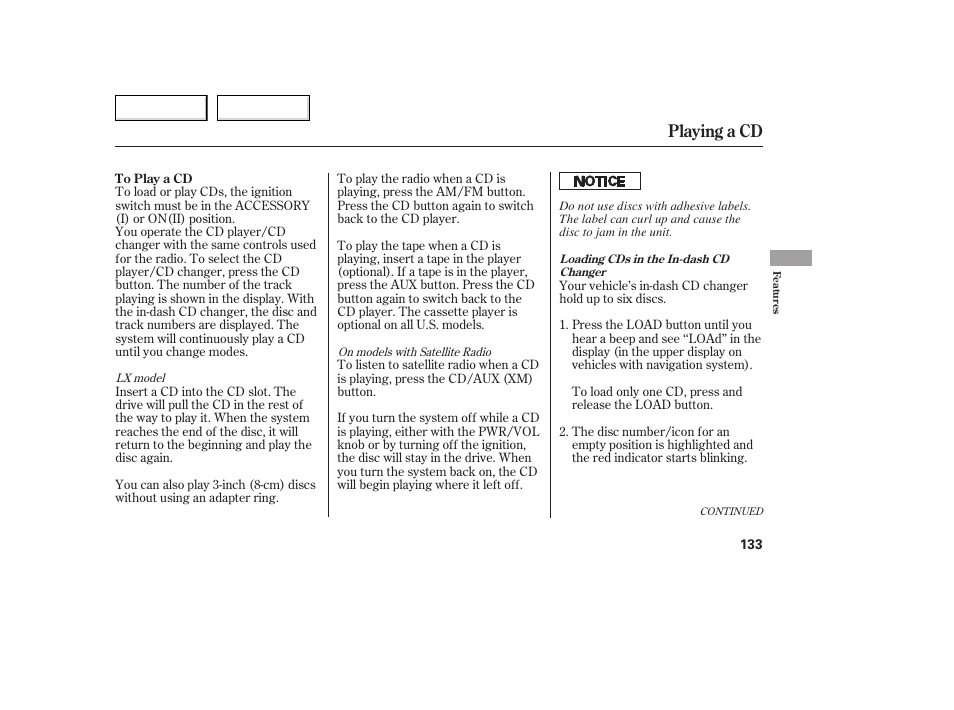 Playing a cd | HONDA 2005 Accord Coupe - Owner's Manual User Manual | Page 135 / 303