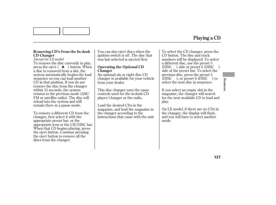 Playing a cd | HONDA 2005 Accord Coupe - Owner's Manual User Manual | Page 139 / 303