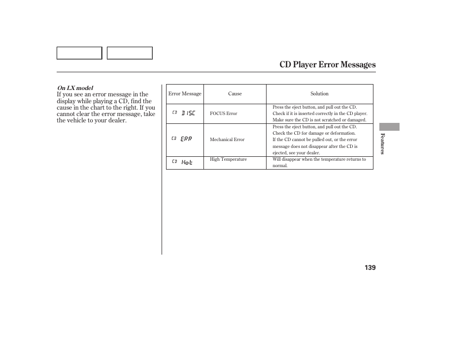 Cd player error messages | HONDA 2005 Accord Coupe - Owner's Manual User Manual | Page 141 / 303