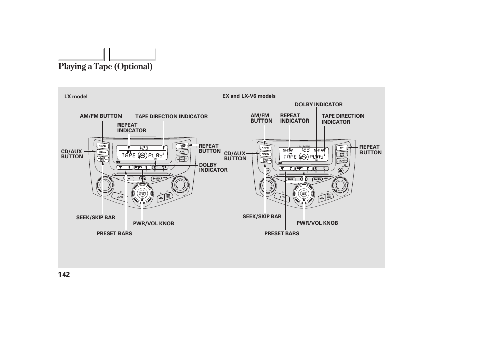 Playing a tape (optional) | HONDA 2005 Accord Coupe - Owner's Manual User Manual | Page 144 / 303