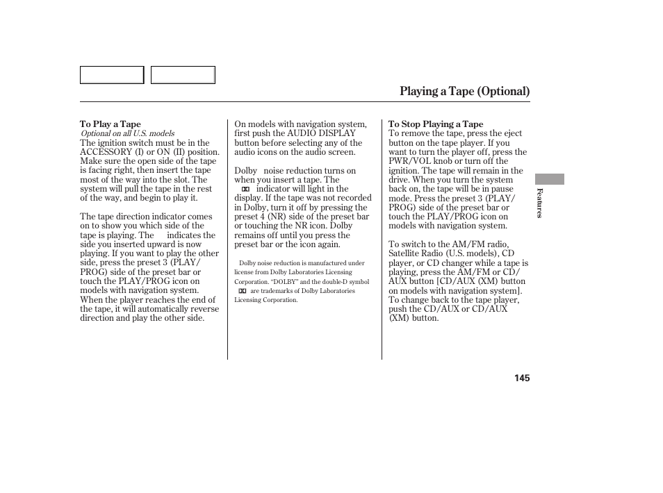 Playing a tape (optional) | HONDA 2005 Accord Coupe - Owner's Manual User Manual | Page 147 / 303
