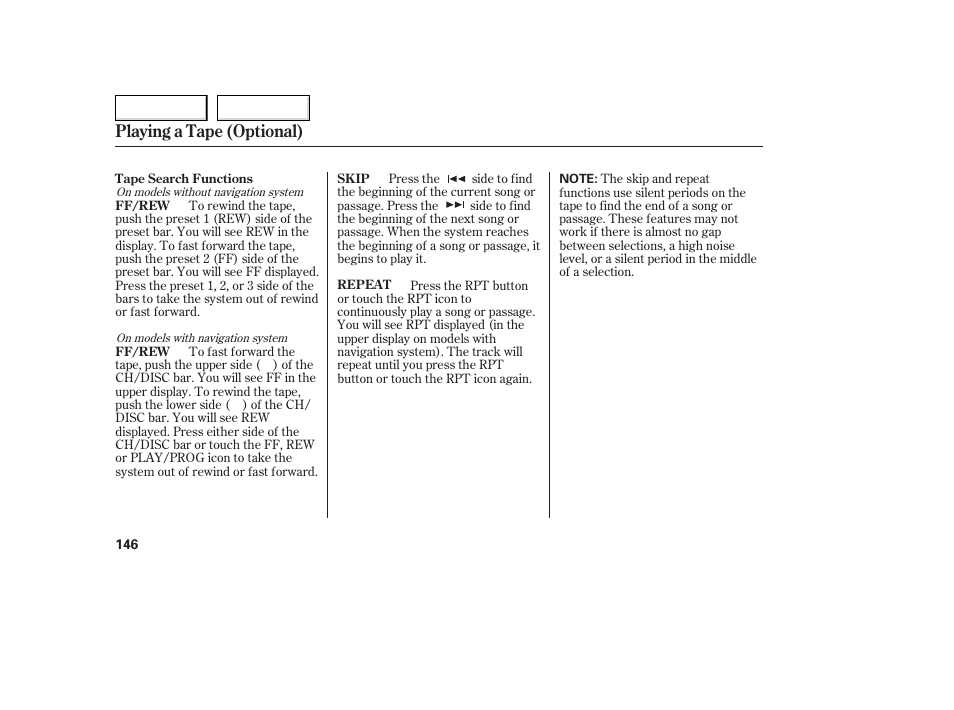 Playing a tape (optional) | HONDA 2005 Accord Coupe - Owner's Manual User Manual | Page 148 / 303