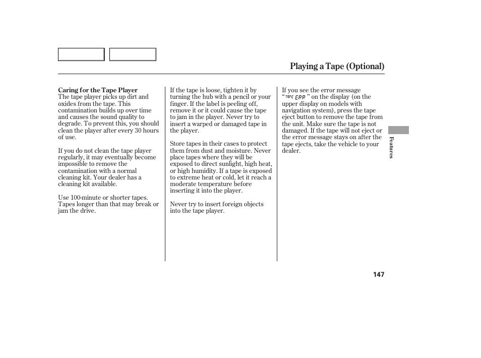 Playing a tape (optional) | HONDA 2005 Accord Coupe - Owner's Manual User Manual | Page 149 / 303