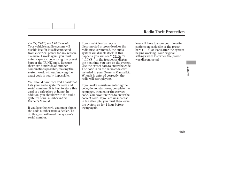 Radio theft protection | HONDA 2005 Accord Coupe - Owner's Manual User Manual | Page 151 / 303
