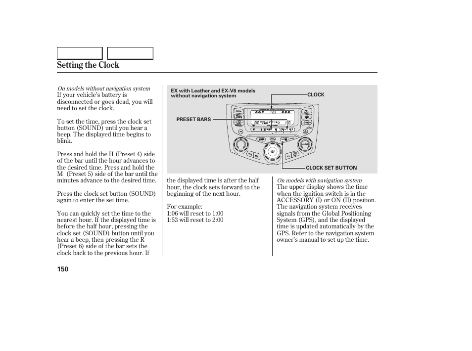 Setting the clock | HONDA 2005 Accord Coupe - Owner's Manual User Manual | Page 152 / 303
