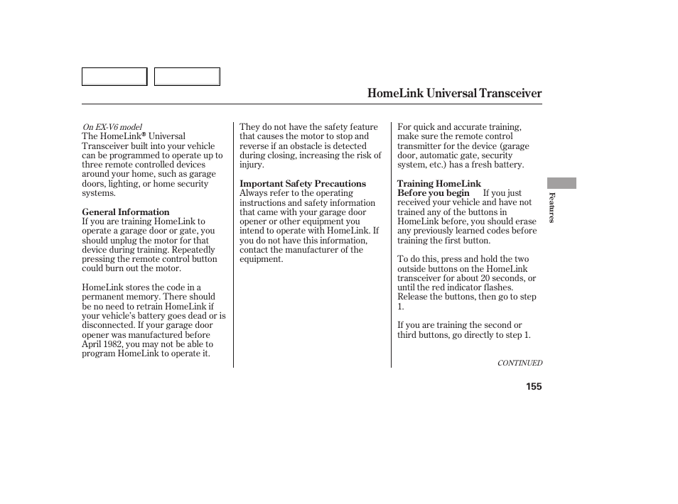 Homelink universal transceiver | HONDA 2005 Accord Coupe - Owner's Manual User Manual | Page 157 / 303