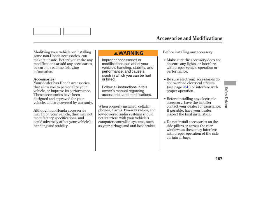 Accessories and modifications | HONDA 2005 Accord Coupe - Owner's Manual User Manual | Page 169 / 303