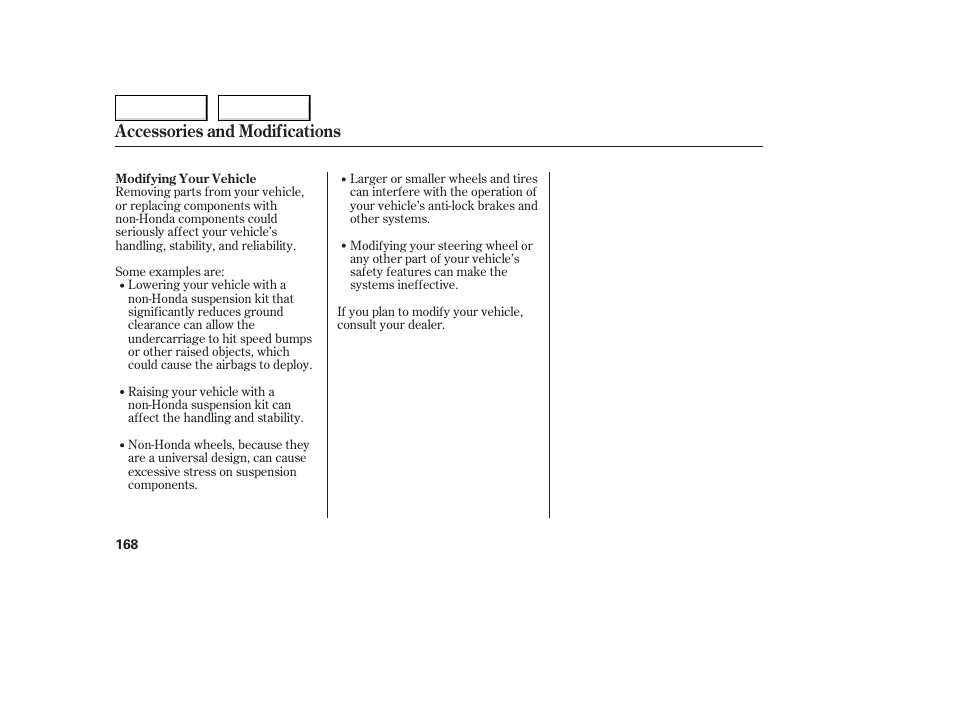 Accessories and modifications | HONDA 2005 Accord Coupe - Owner's Manual User Manual | Page 170 / 303