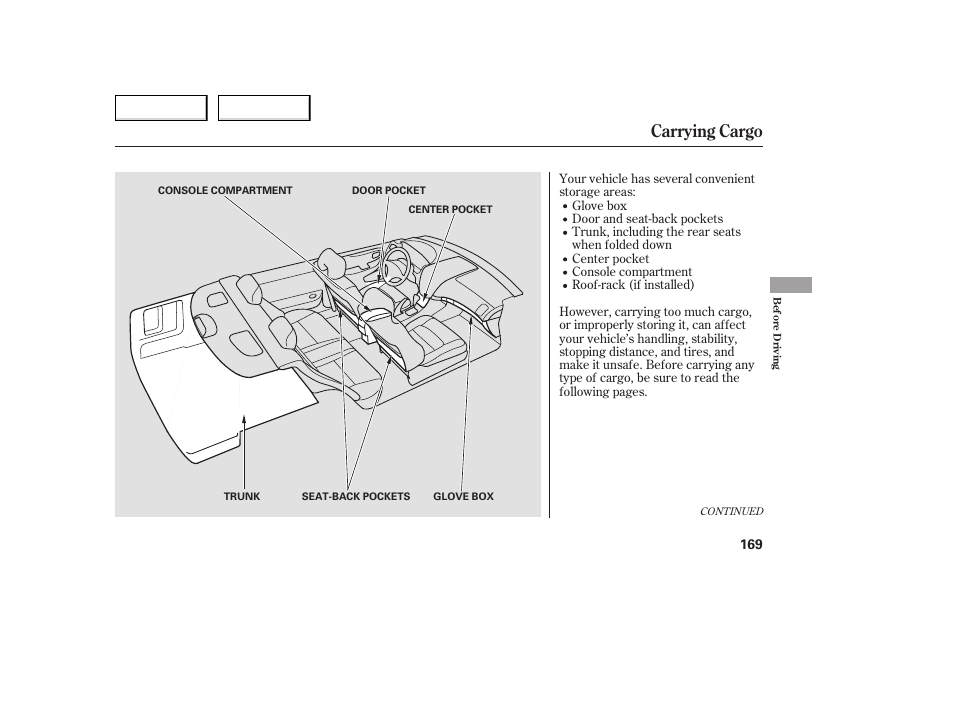 Carrying cargo | HONDA 2005 Accord Coupe - Owner's Manual User Manual | Page 171 / 303