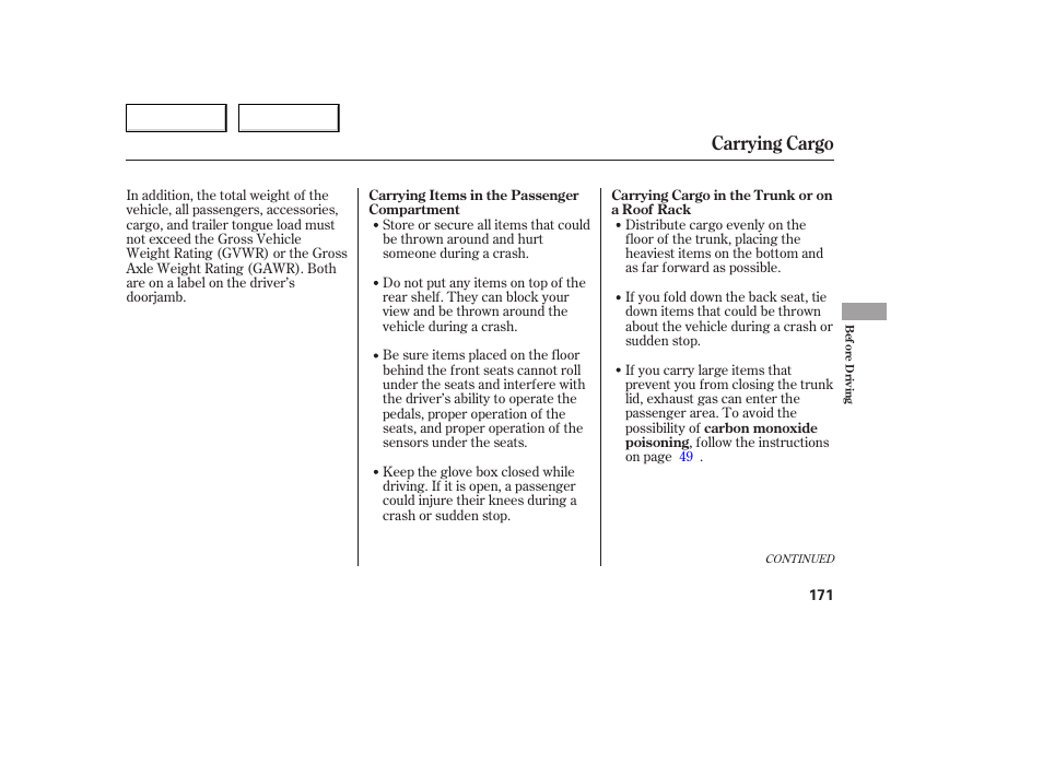 Carrying cargo | HONDA 2005 Accord Coupe - Owner's Manual User Manual | Page 173 / 303