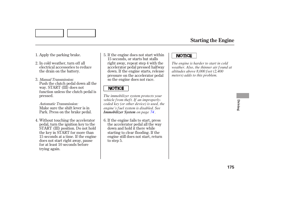 Starting the engine | HONDA 2005 Accord Coupe - Owner's Manual User Manual | Page 177 / 303