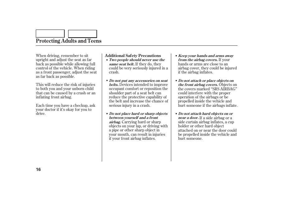 Protecting adults and teens | HONDA 2005 Accord Coupe - Owner's Manual User Manual | Page 18 / 303