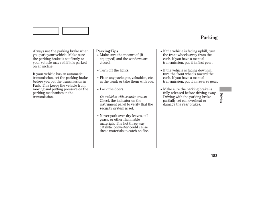 Parking | HONDA 2005 Accord Coupe - Owner's Manual User Manual | Page 185 / 303