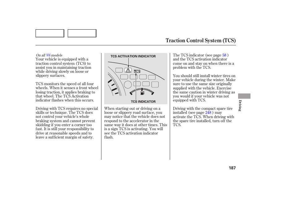 Traction control system (tcs) | HONDA 2005 Accord Coupe - Owner's Manual User Manual | Page 189 / 303