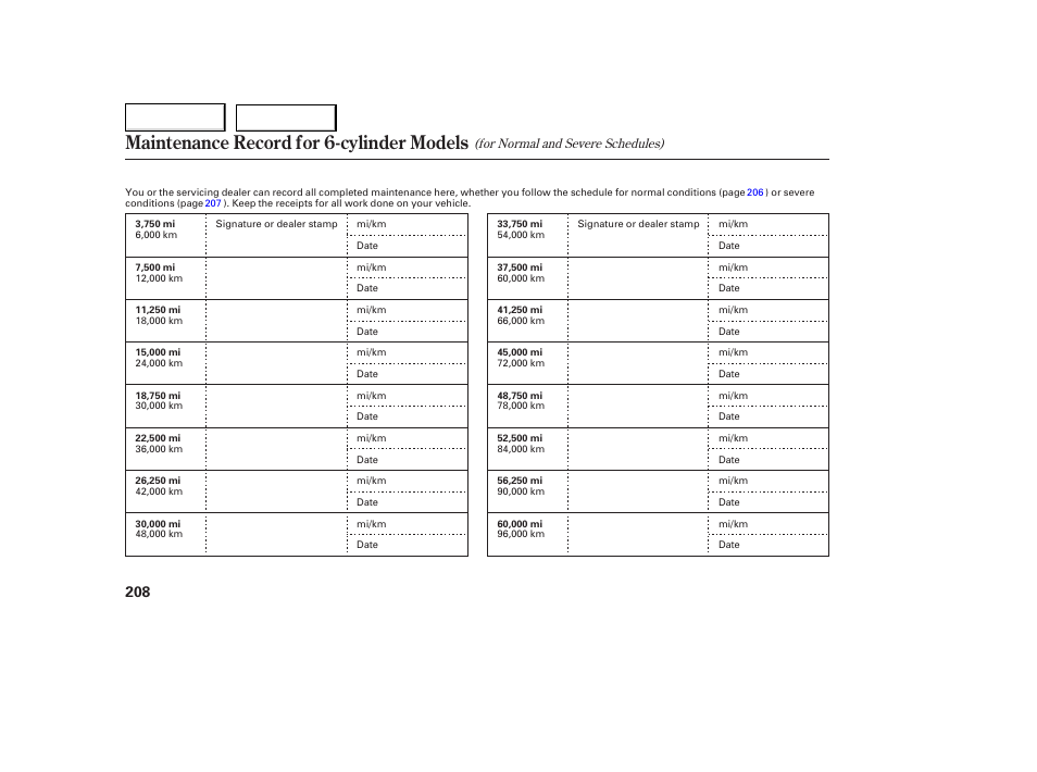 Maintenance record for 6-cylinder models | HONDA 2005 Accord Coupe - Owner's Manual User Manual | Page 210 / 303