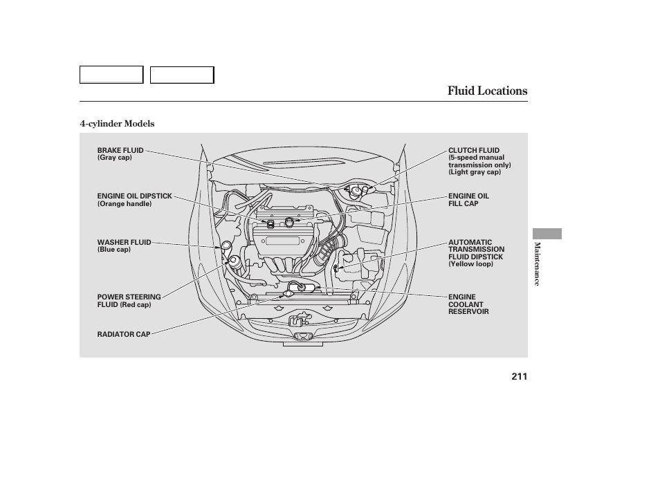 Fluid locations | HONDA 2005 Accord Coupe - Owner's Manual User Manual | Page 213 / 303