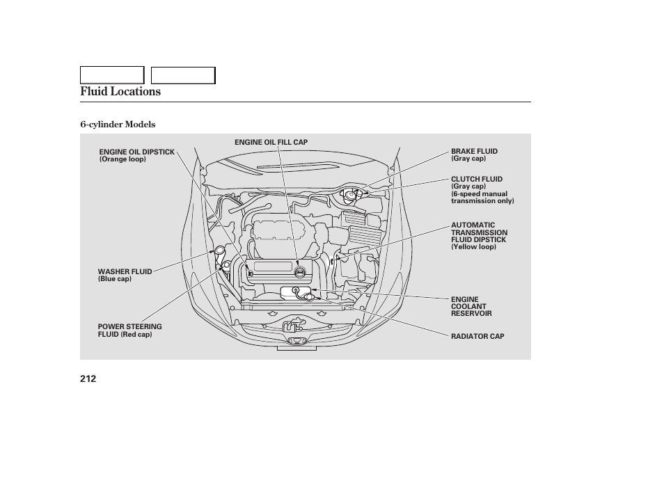 Fluid locations | HONDA 2005 Accord Coupe - Owner's Manual User Manual | Page 214 / 303