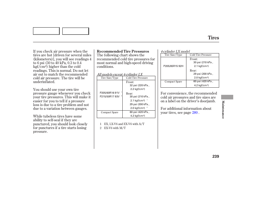 Tires | HONDA 2005 Accord Coupe - Owner's Manual User Manual | Page 241 / 303