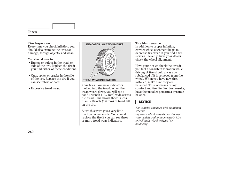 Tires | HONDA 2005 Accord Coupe - Owner's Manual User Manual | Page 242 / 303