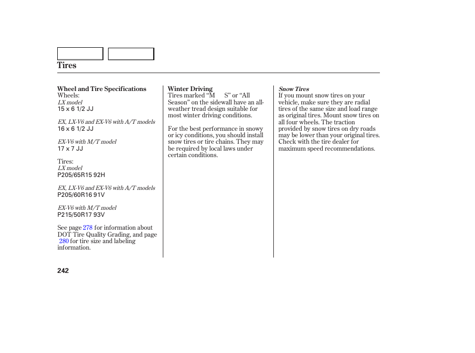 Tires | HONDA 2005 Accord Coupe - Owner's Manual User Manual | Page 244 / 303