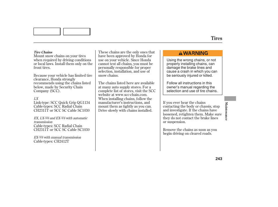 Tires | HONDA 2005 Accord Coupe - Owner's Manual User Manual | Page 245 / 303