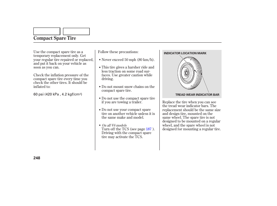 Compact spare tire | HONDA 2005 Accord Coupe - Owner's Manual User Manual | Page 250 / 303
