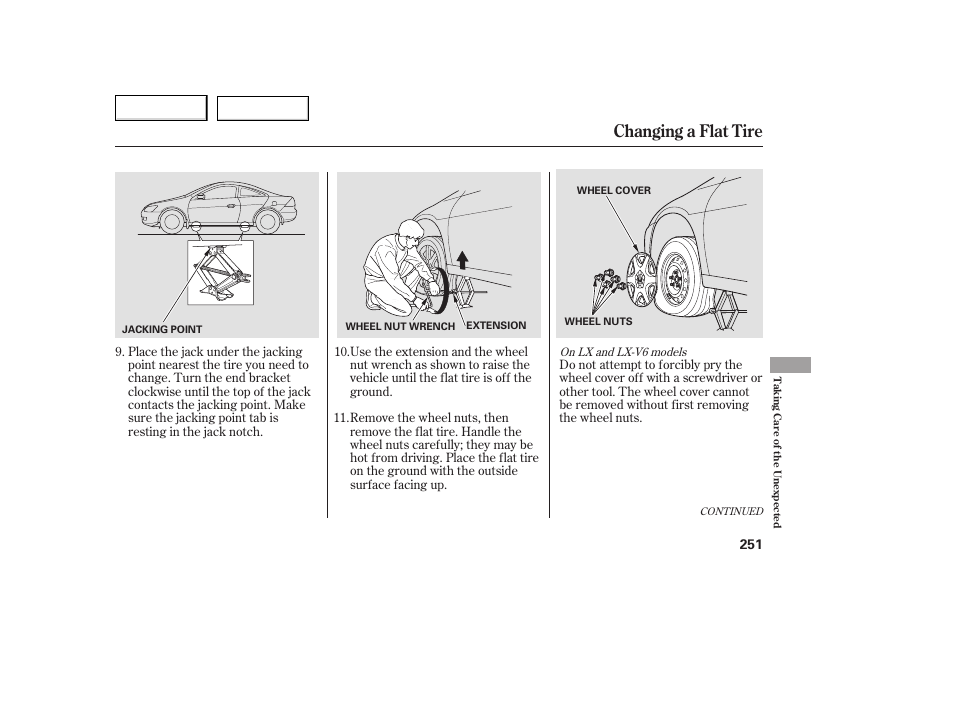 Changing a flat tire | HONDA 2005 Accord Coupe - Owner's Manual User Manual | Page 253 / 303