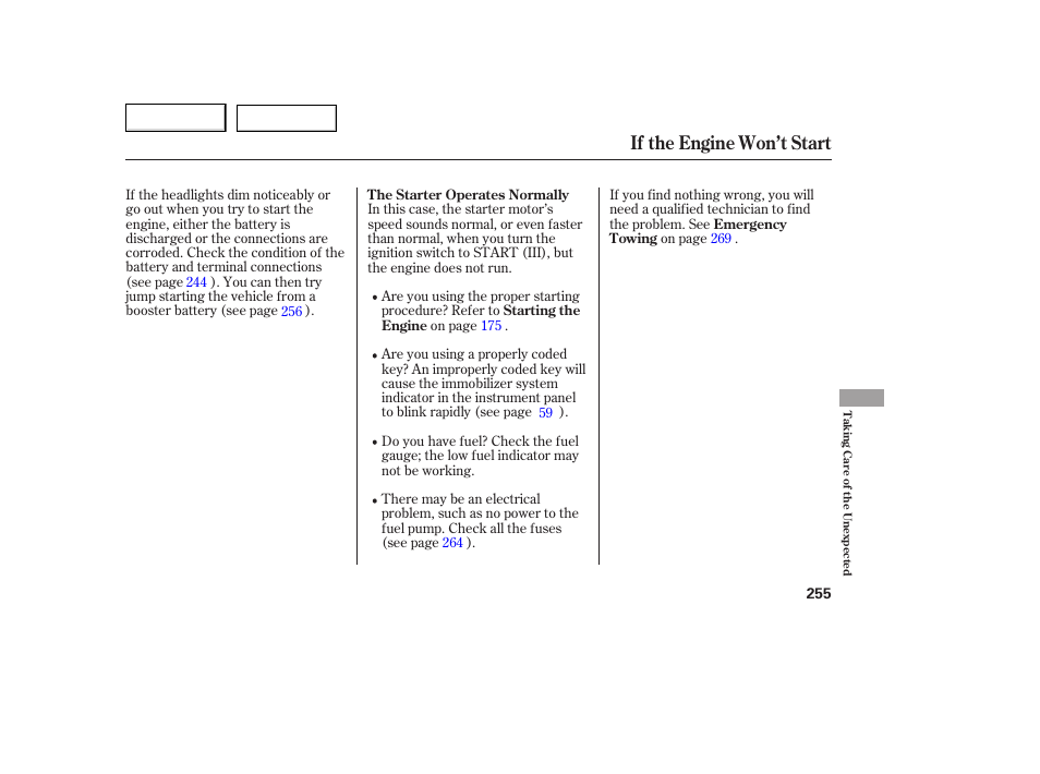 If the engine won’t start | HONDA 2005 Accord Coupe - Owner's Manual User Manual | Page 257 / 303