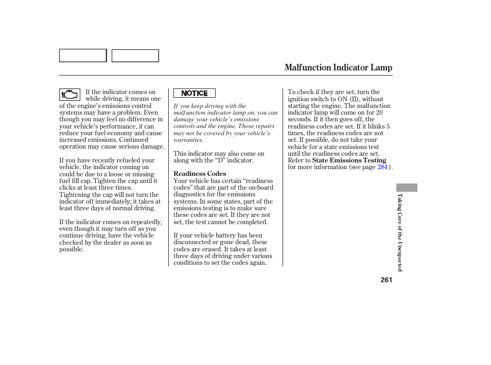 Malfunction indicator lamp | HONDA 2005 Accord Coupe - Owner's Manual User Manual | Page 263 / 303