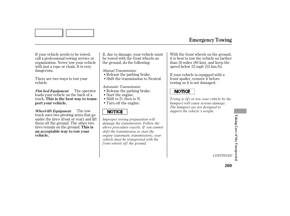 Emergency towing | HONDA 2005 Accord Coupe - Owner's Manual User Manual | Page 271 / 303