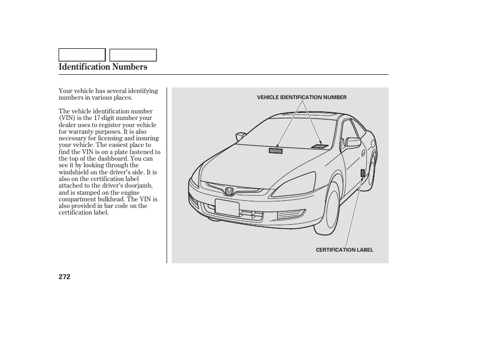 Identification numbers | HONDA 2005 Accord Coupe - Owner's Manual User Manual | Page 274 / 303