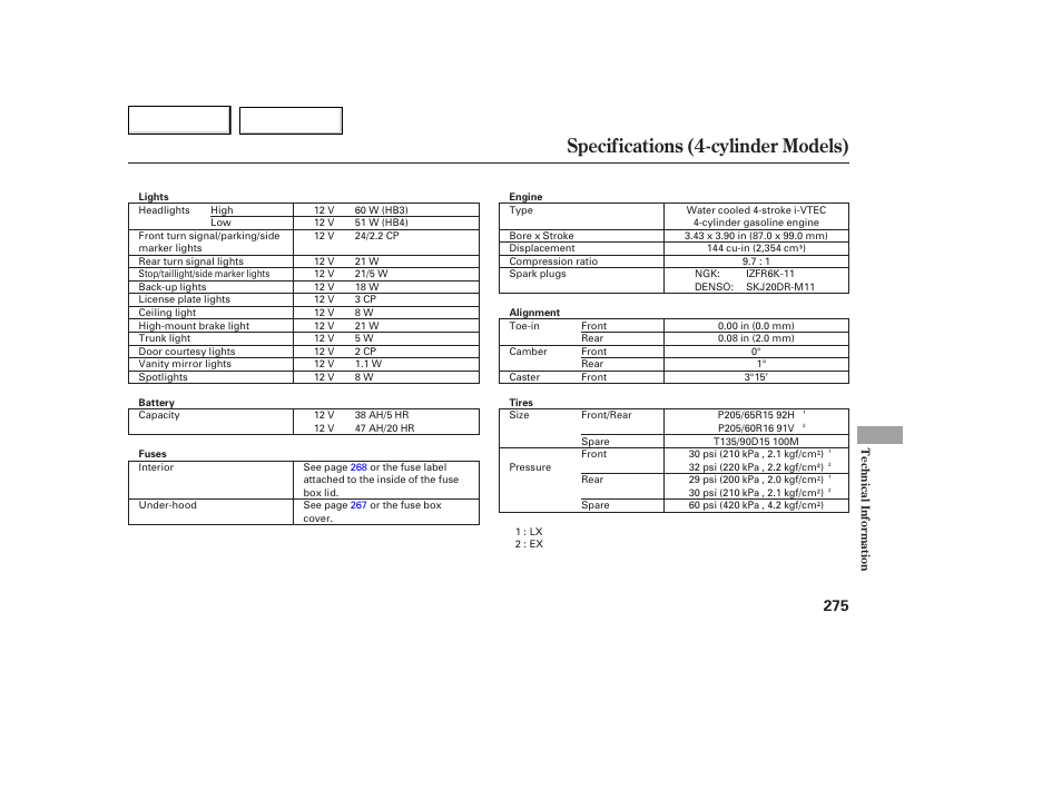 Specifications (4-cylinder models) | HONDA 2005 Accord Coupe - Owner's Manual User Manual | Page 277 / 303