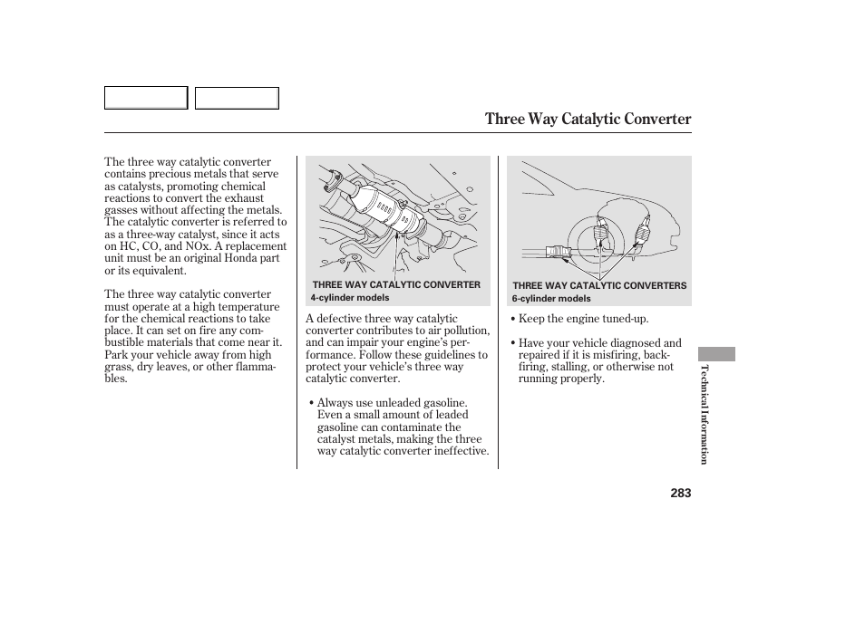 Three way catalytic converter | HONDA 2005 Accord Coupe - Owner's Manual User Manual | Page 285 / 303