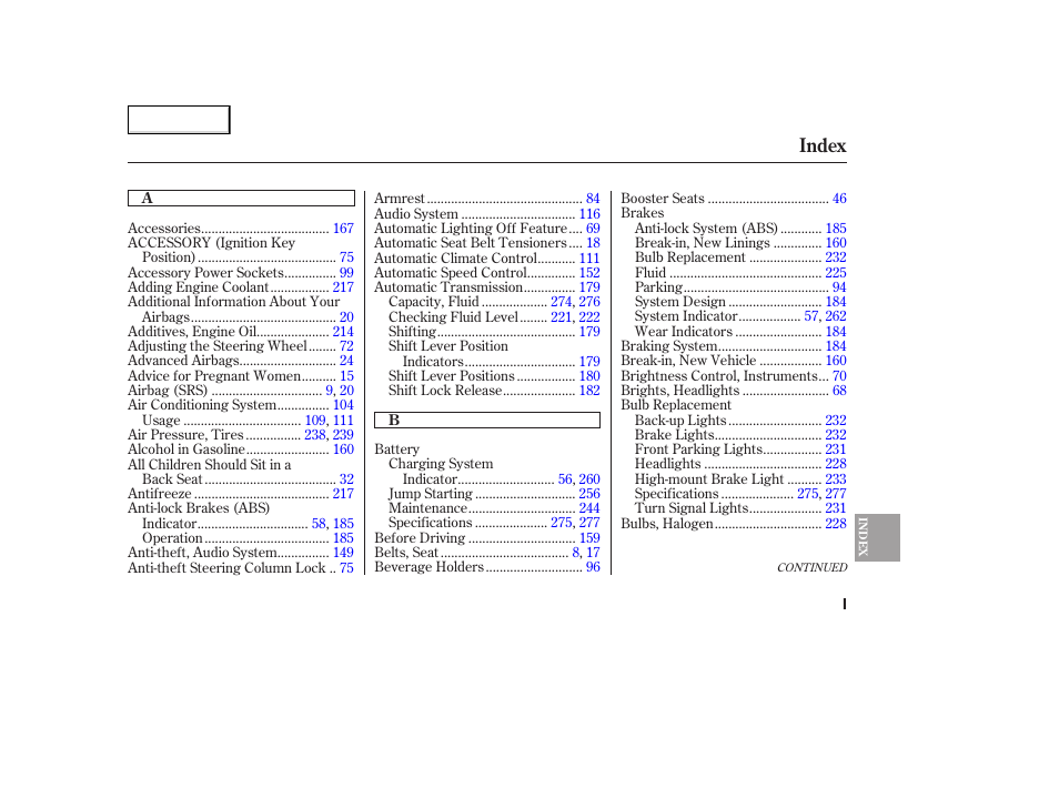 Index | HONDA 2005 Accord Coupe - Owner's Manual User Manual | Page 293 / 303